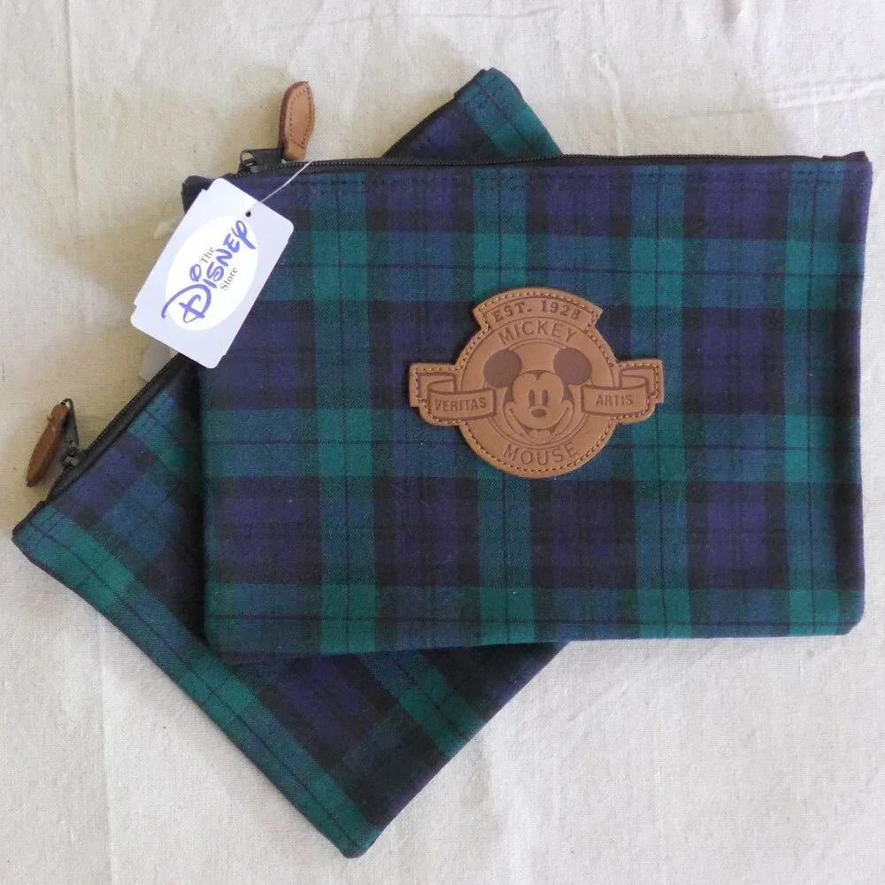 NWT Vintage Set of Two Mickey Mouse Plaid Cotton Zippered Pouch